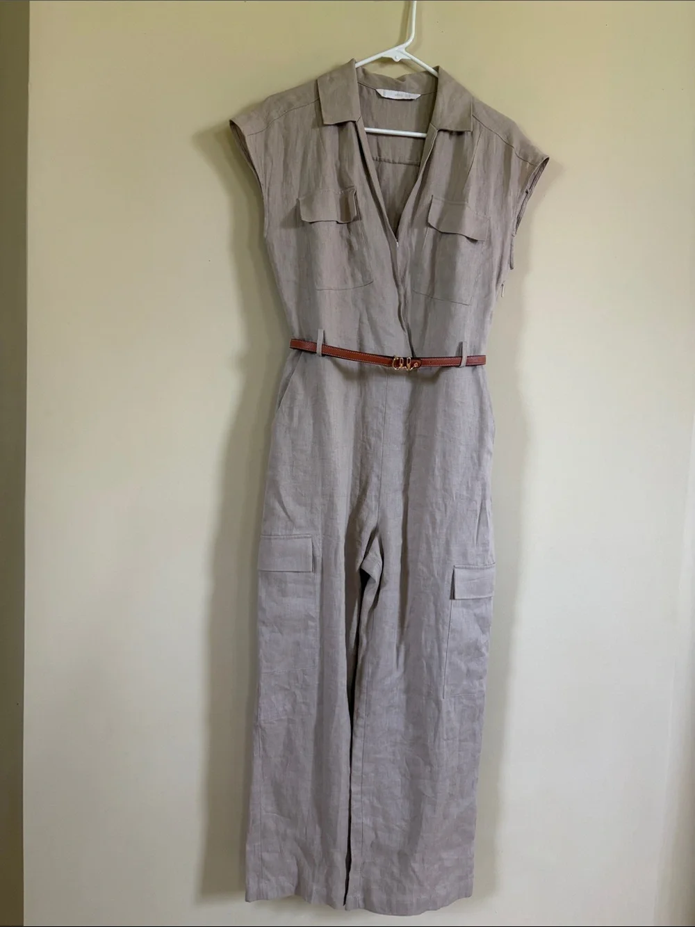 MNG beige color 100% linen jumpsuit